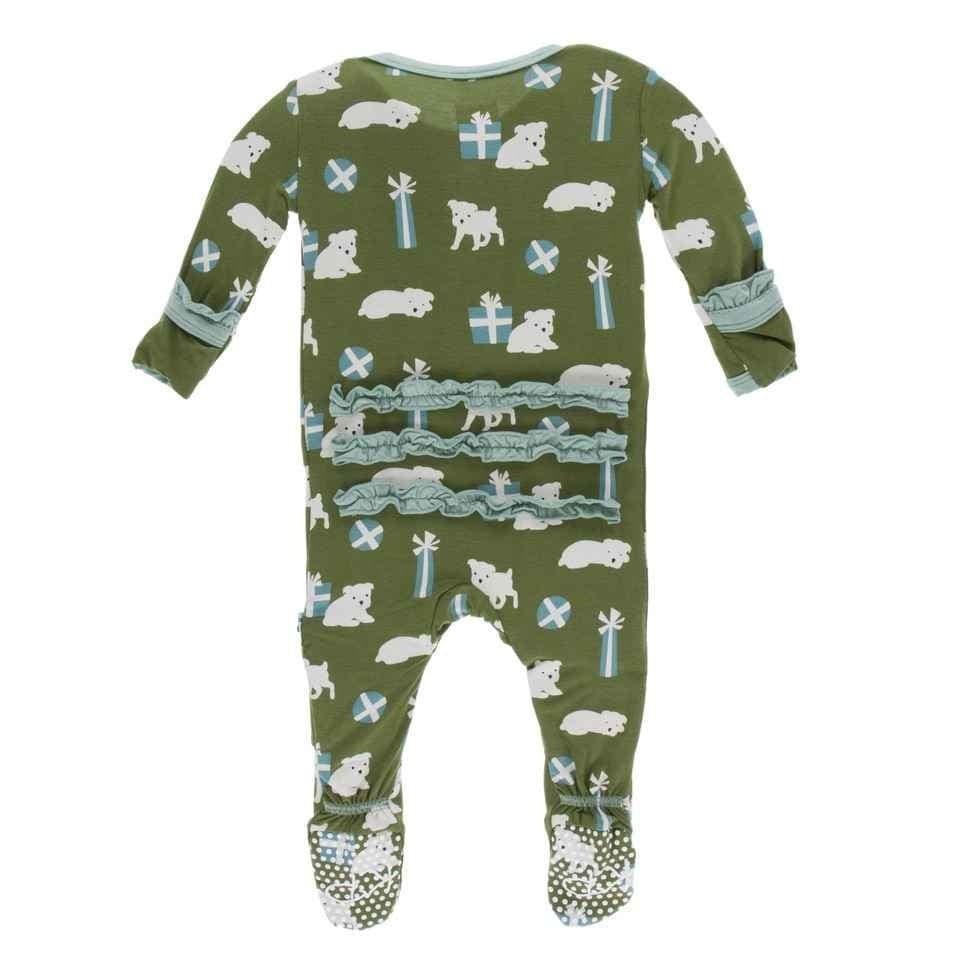 Print Bamboo Classic Ruffle Footie with Snaps - Moss Puppies and Presents - Image 2