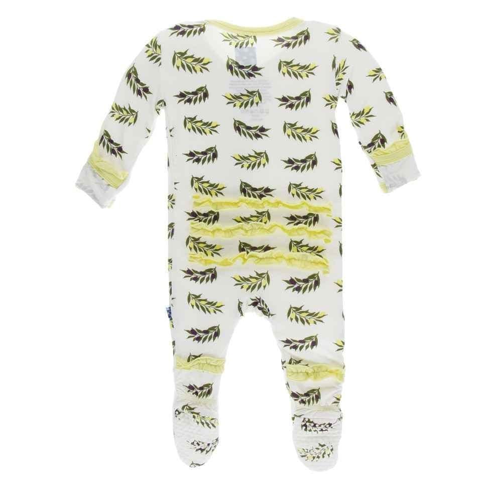 Print Bamboo Classic Ruffle Footie with Snaps - Natural Olive Branch - Image 2