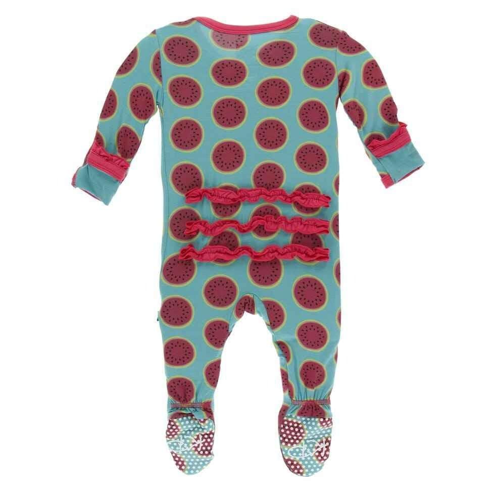 Print Bamboo Classic Ruffle Footie with Snaps - Neptune Watermelon - Image 2