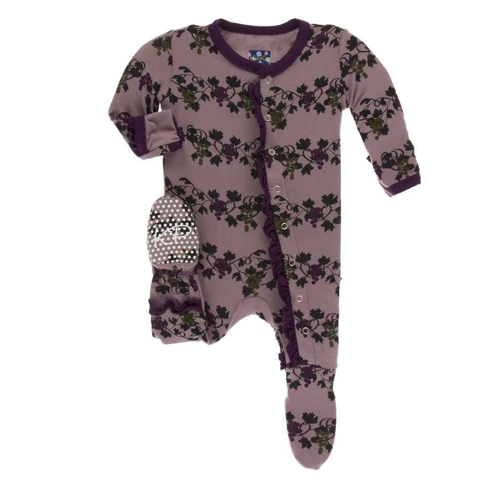 Print Classic Ruffle Footie with Snaps - Raisin Grape Vines