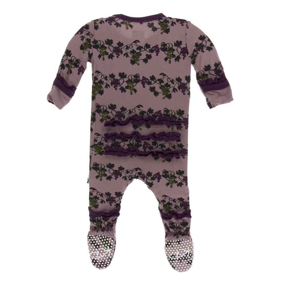 Print Classic Ruffle Footie with Snaps - Raisin Grape Vines - Image 2