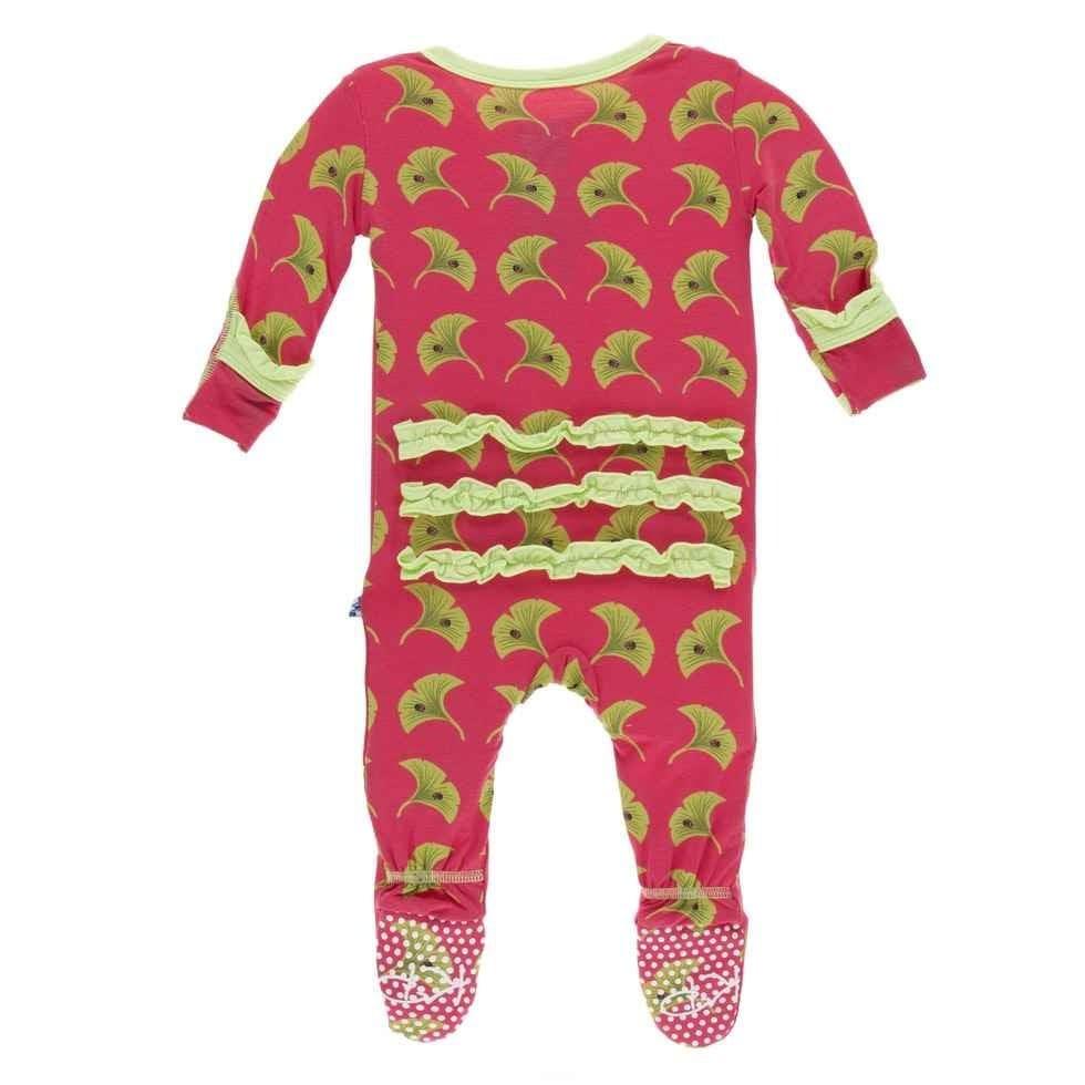 Print Bamboo Classic Ruffle Footie with Snaps - Red Ginger Ginkgo - Image 2