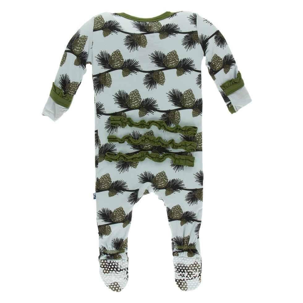 Print Bamboo Classic Ruffle Footie with Snaps - Spring Sky Pine Cones - Image 2