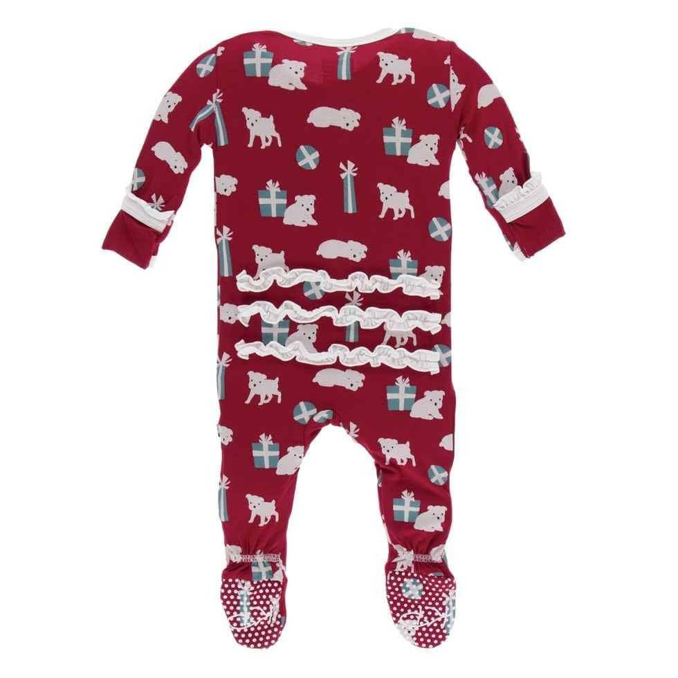 Print Bamboo Classic Ruffle Footie with Zipper - Crimson Puppies and Presents - Image 2
