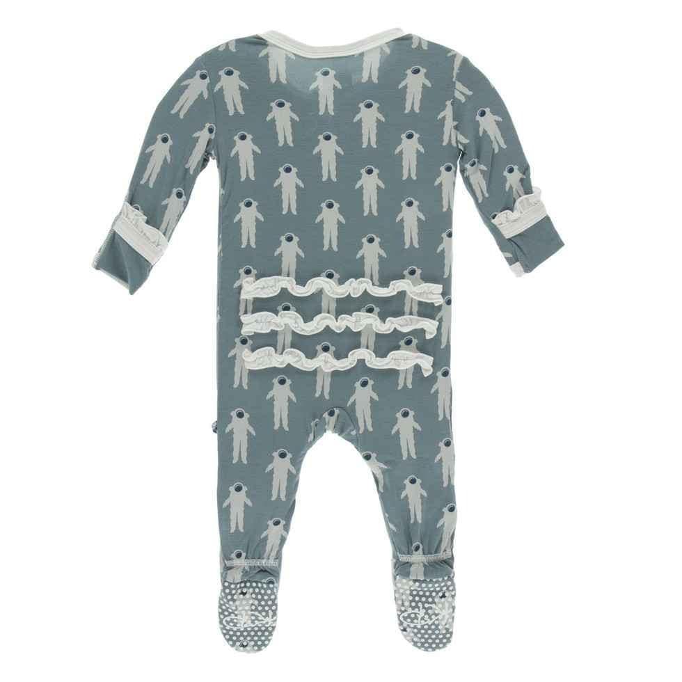 Print Bamboo Classic Ruffle Footie with Zipper - Dusty Sky Astronaut - Image 2