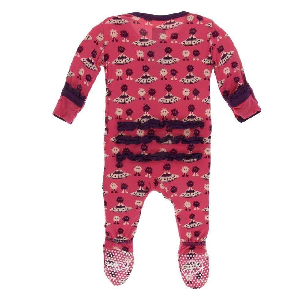 Print Bamboo Classic Ruffle Footie with Zipper - Red Ginger Aliens with Flying Saucers - Image 2