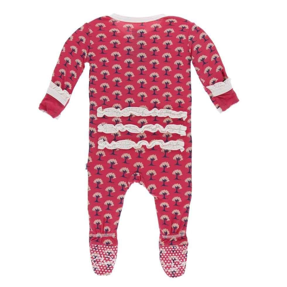 Print Bamboo Classic Ruffle Footie with Zipper - Red Ginger Mini Trees - Image 2