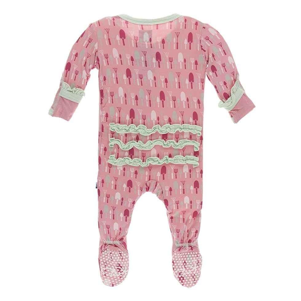 Print Bamboo Classic Ruffle Footie with Zipper - Strawberry Garden Tools - Image 2