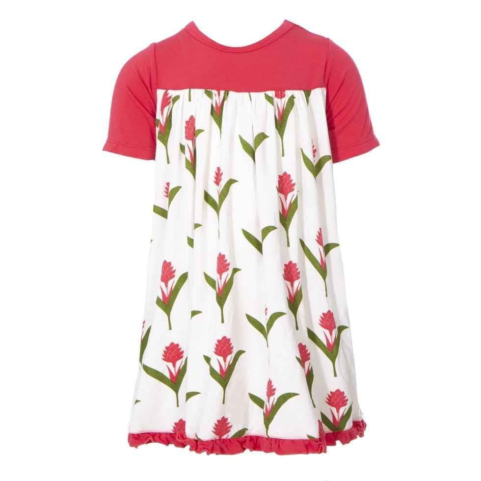Print Bamboo Classic Short Sleeve Swing Dress - Natural Red Ginger Flowers