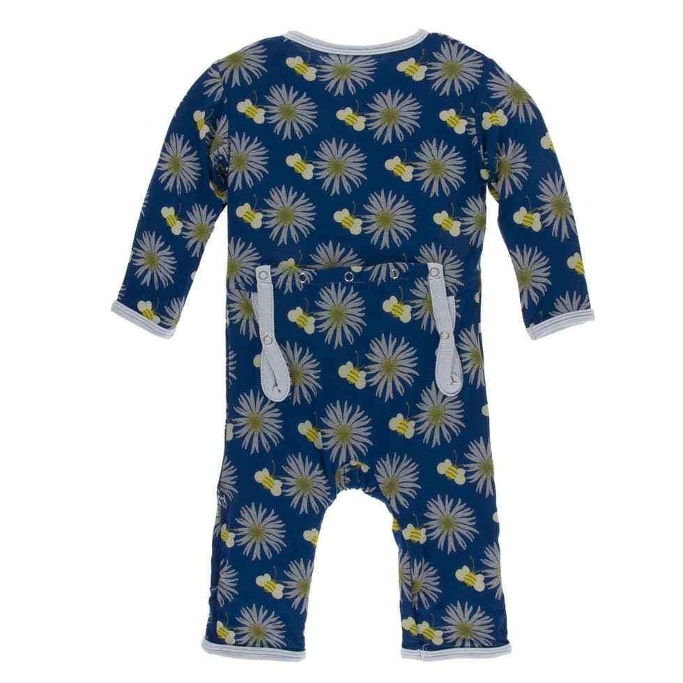 Print Bamboo Coverall with Zipper - Navy Cornflower and Bee - Image 2