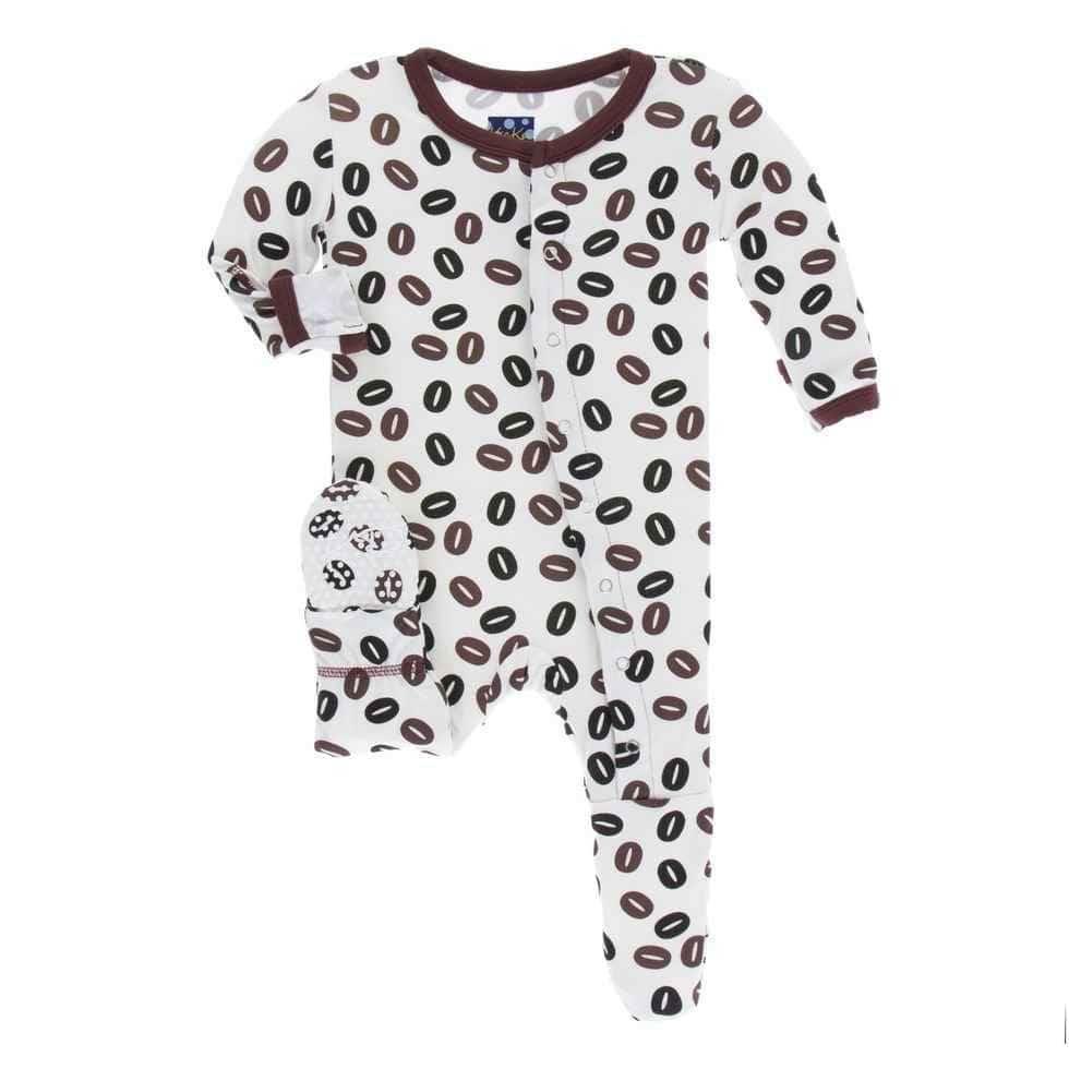 Print Bamboo Footie with Snaps - Natural Coffee Beans