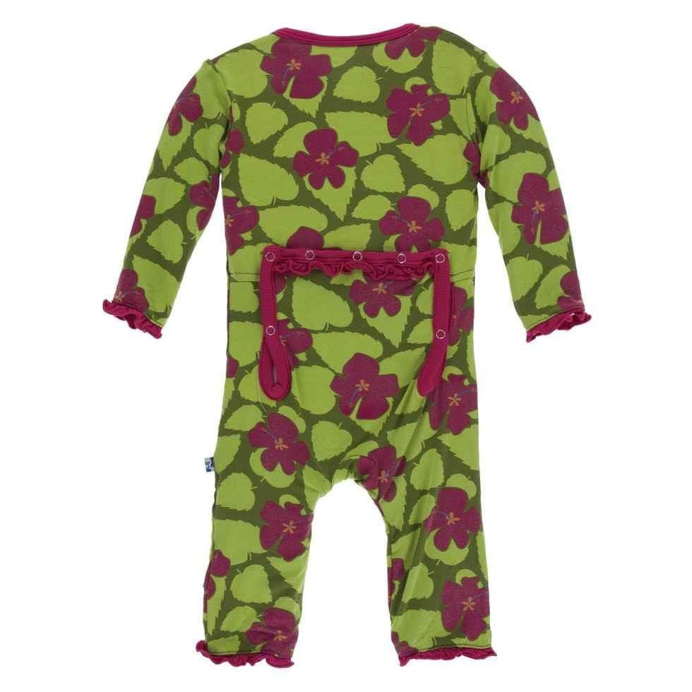 Print Bamboo Layette Classic Ruffle Coverall with Snaps - Pesto Hibiscus - Image 2