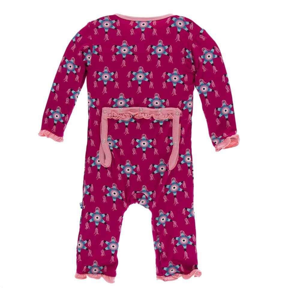 Print Bamboo Layette Classic Ruffle Coverall with Snaps - Rhododendron Pinata - Image 2