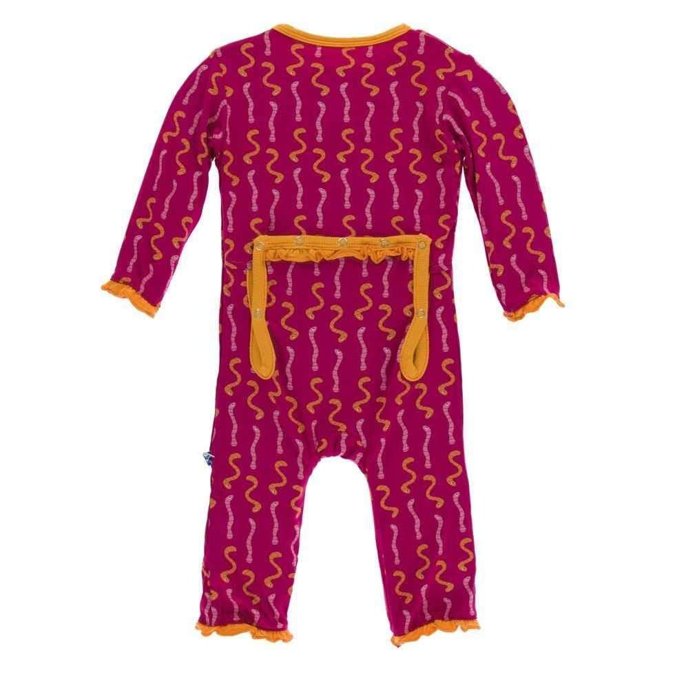 Print Bamboo Layette Classic Ruffle Coverall with Snaps - Rhododendron Worms - Image 2