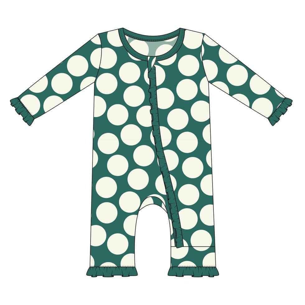 Print Bamboo Layette Classic Ruffle Coverall with Zipper - Ivy Mod Dot