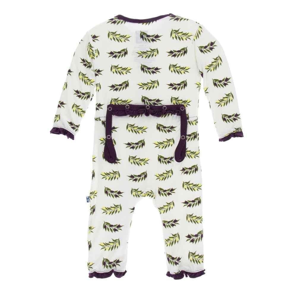 Print Bamboo Layette Classic Ruffle Coverall with Zipper - Natural Olive Branch - Image 2