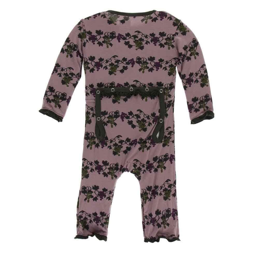 Print Bamboo Layette Classic Ruffle Coverall with Zipper - Raisin Grape Vines - Image 2
