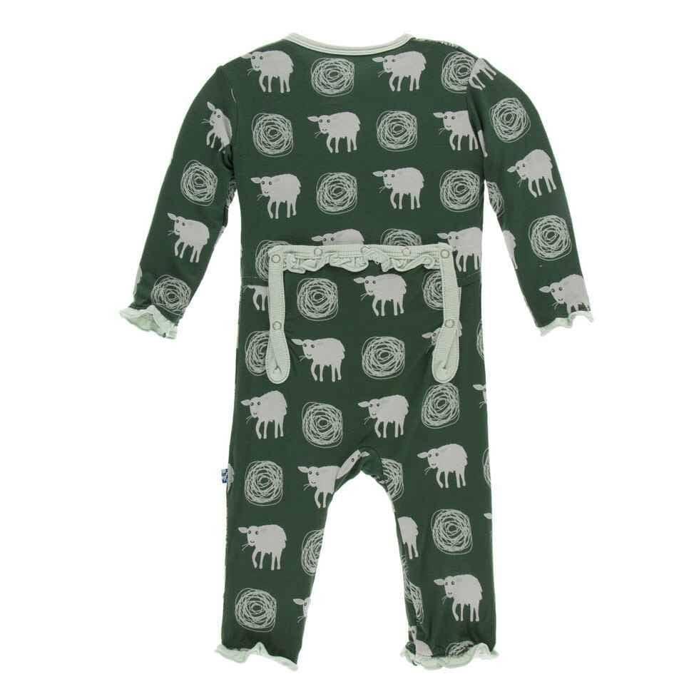 Print Bamboo Layette Classic Ruffle Coverall with Zipper - Topiary Tuscan Sheep - Image 2