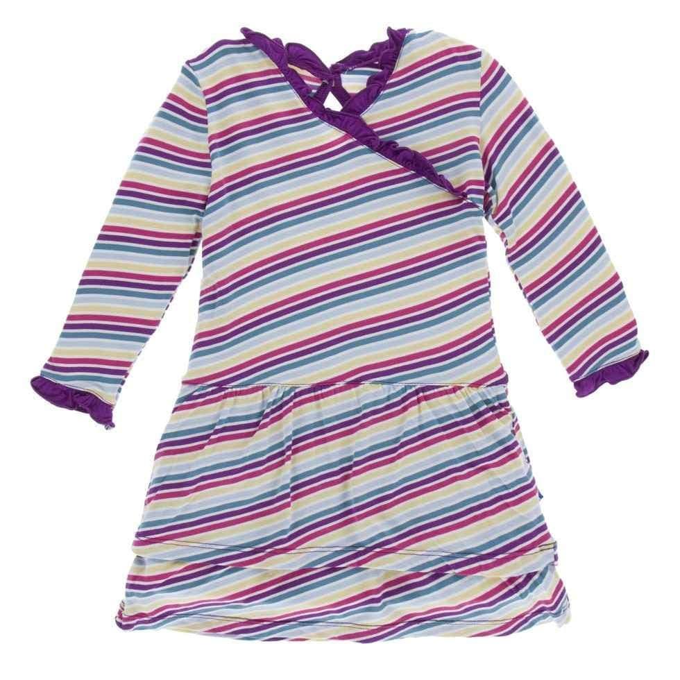 Print Bamboo Long Sleeve Drop Waist Dress, Girl Perth Stripe