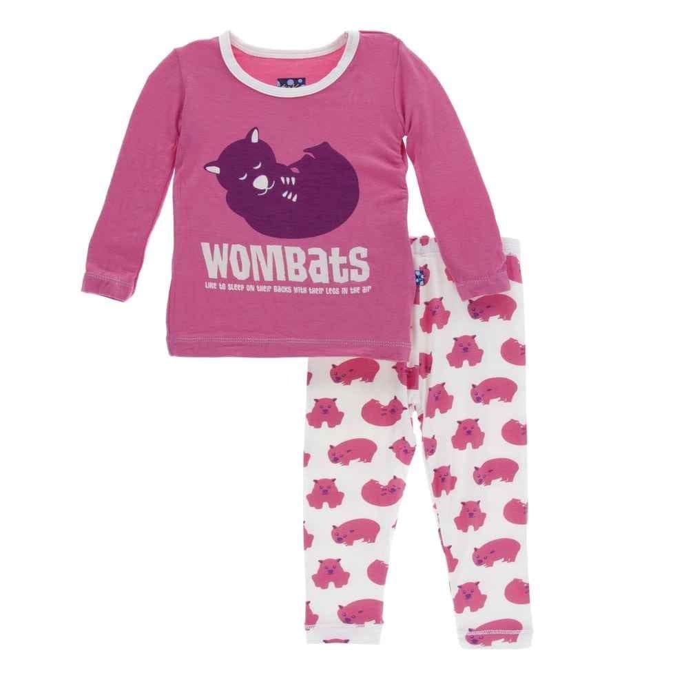 Print Bamboo Long Sleeve Pajama Set, Natural Wombat