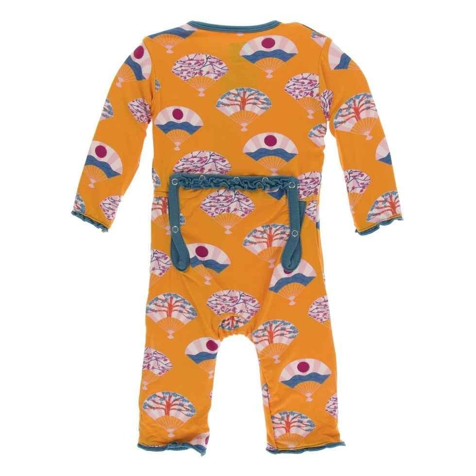 Print Bamboo Muffin Ruffle Coverall with Snaps - Apricot Fans - Image 2