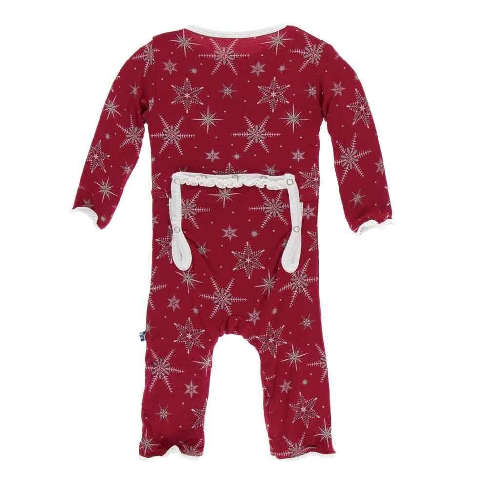 Print Bamboo Muffin Ruffle Coverall with Snaps - Crimson Snowflakes - Image 2