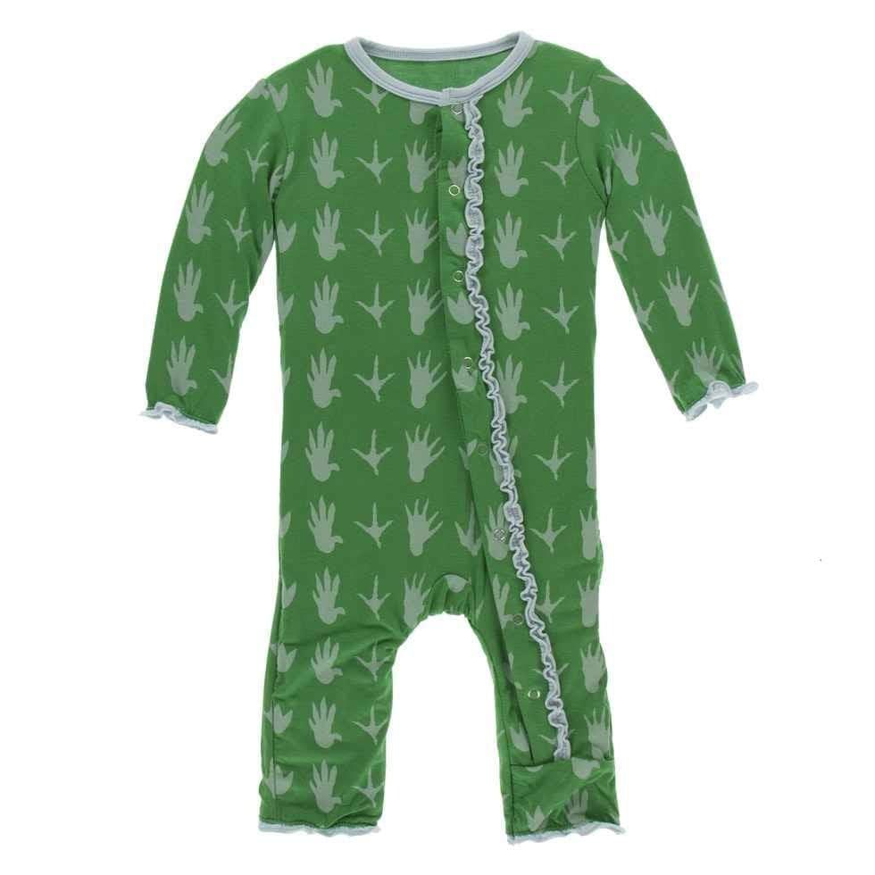 Print Bamboo Muffin Ruffle Coverall with Snaps - Dino Tracks