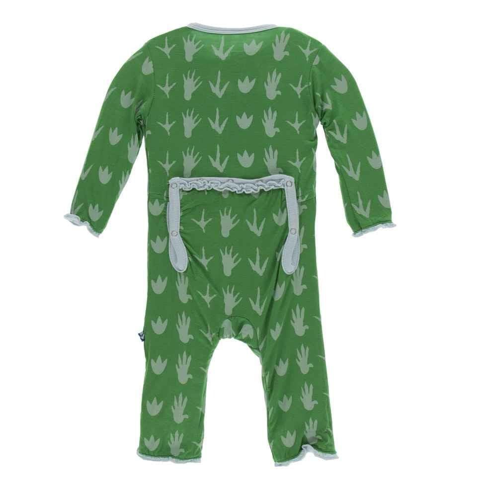 Print Bamboo Muffin Ruffle Coverall with Snaps - Dino Tracks - Image 2