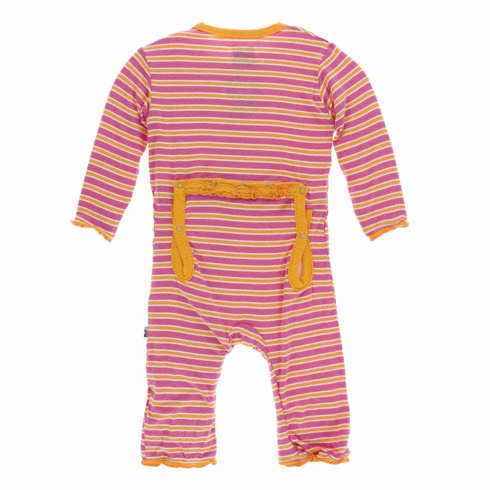 Print Bamboo Muffin Ruffle Coverall with Snaps - Flamingo Brazil Stripe - Image 2