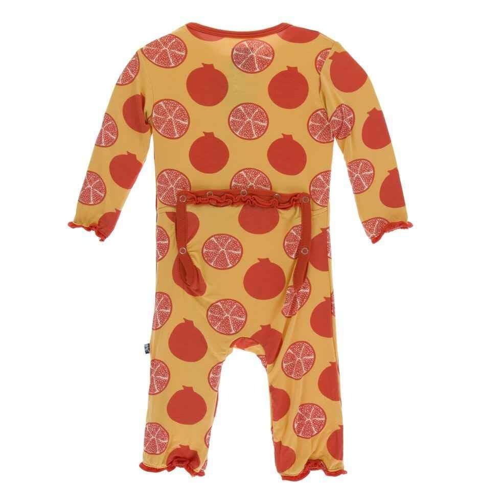 Print Bamboo Muffin Ruffle Coverall with Snaps - Marigold Pomegranate - Image 2
