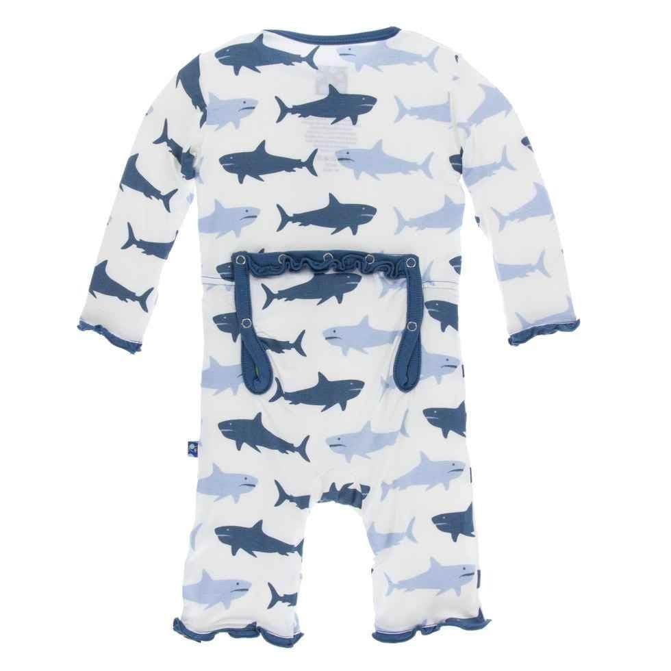 Print Bamboo Muffin Ruffle Coverall with Snaps - Natural Megalodon - Image 2