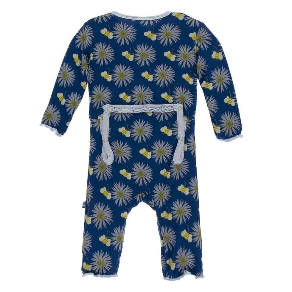 Print Bamboo Muffin Ruffle Coverall with Snaps - Navy Cornflower and Bee - Image 2