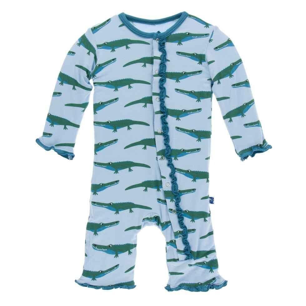 Print Bamboo Muffin Ruffle Coverall with Snaps - Pond Crocodile