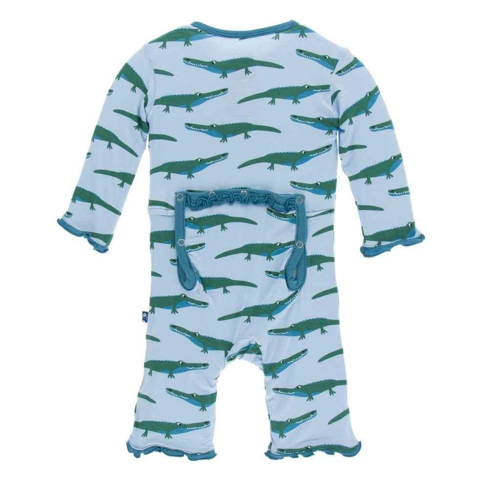 Print Bamboo Muffin Ruffle Coverall with Snaps - Pond Crocodile - Image 2