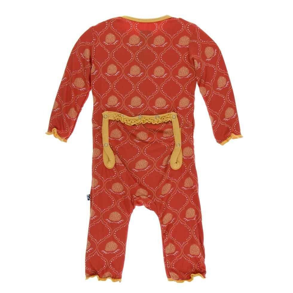 Print Bamboo Muffin Ruffle Coverall with Snaps - Poppy Marigold Lattice - Image 2