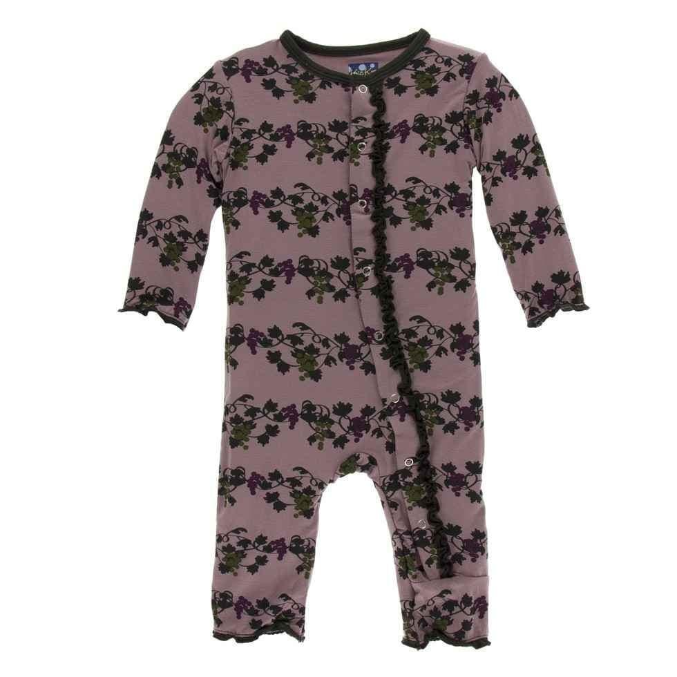 Print Bamboo Muffin Ruffle Coverall with Snaps - Raisin Grape Vines