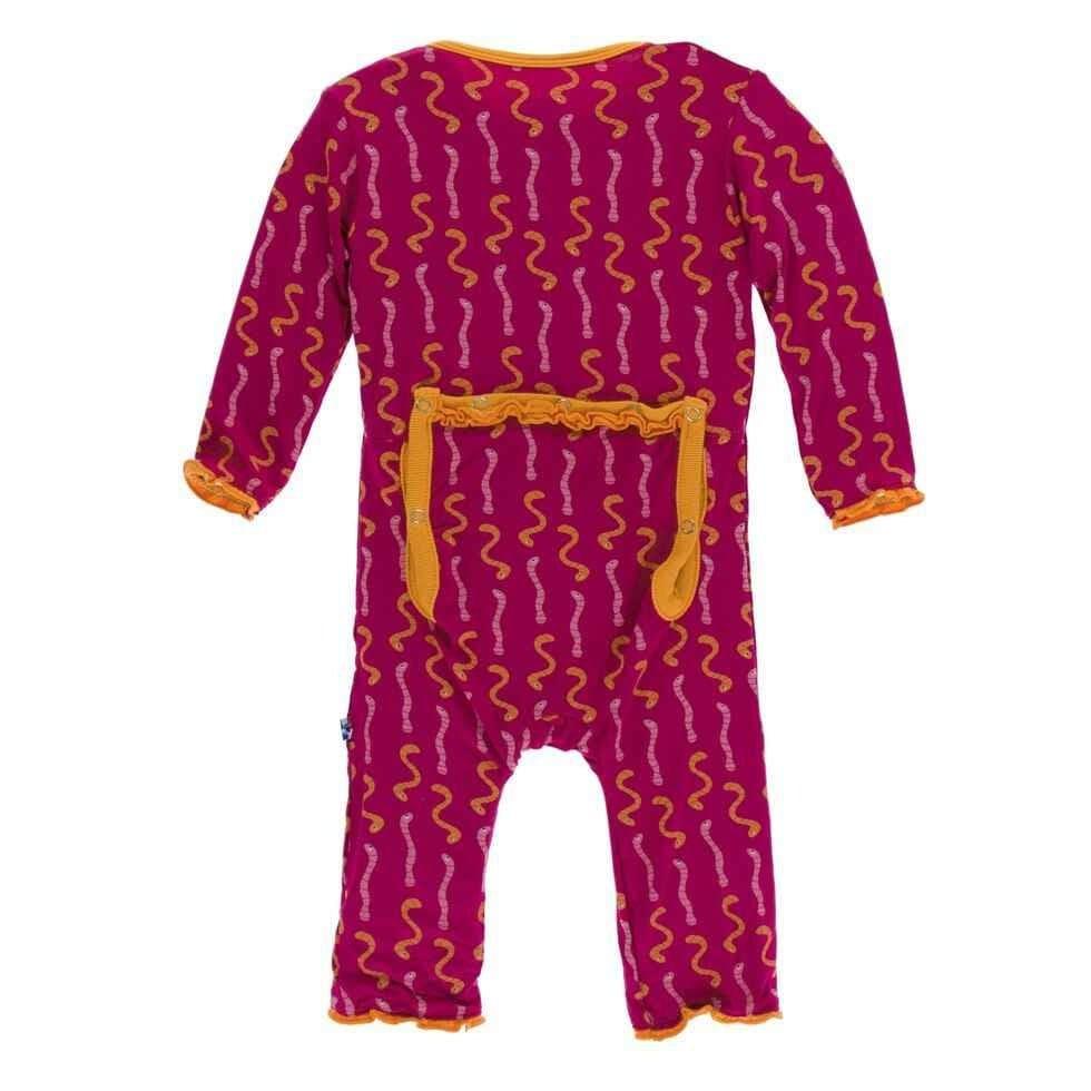 Print Bamboo Muffin Ruffle Coverall with Snaps - Rhododendron Worms - Image 2