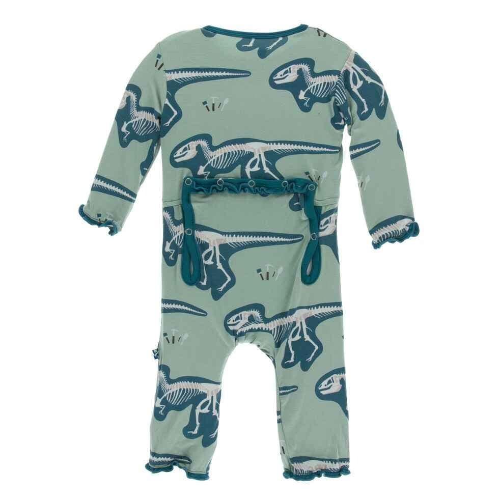Print Bamboo Muffin Ruffle Coverall with Snaps - Shore T-Rex Dig - Image 2