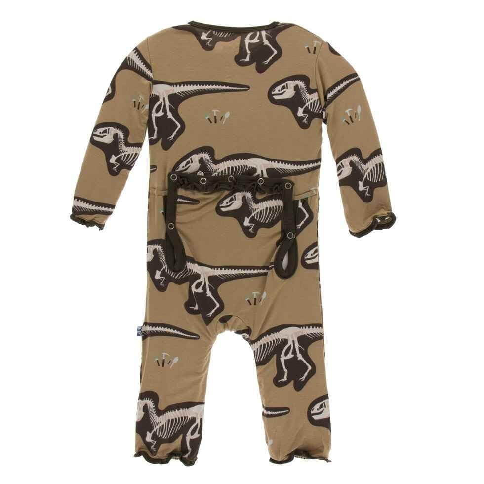 Print Bamboo Muffin Ruffle Coverall with Snaps - Tannin T-Rex Dig - Image 2