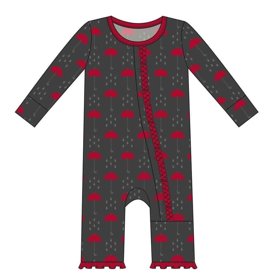 Print Bamboo Muffin Ruffle Coverall with Snaps - Umbrellas and Rain Clouds - Image 2