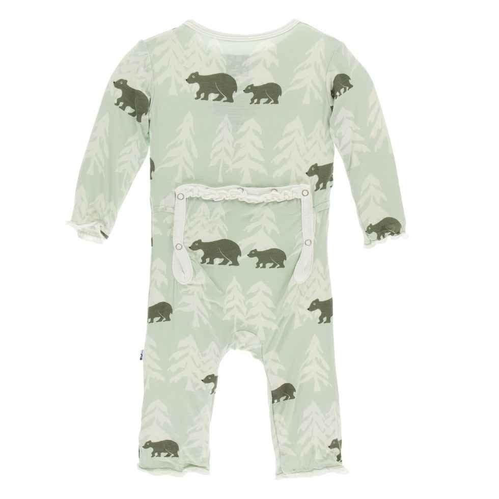Print Bamboo Muffin Ruffle Coverall with Zipper - Aloe Bears and Treeline - Image 2