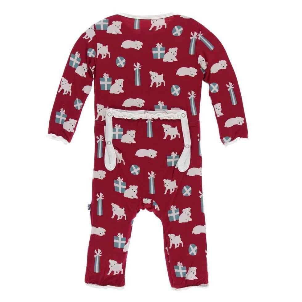 Print Bamboo Muffin Ruffle Coverall with Zipper - Crimson Puppies and Presents - Image 2