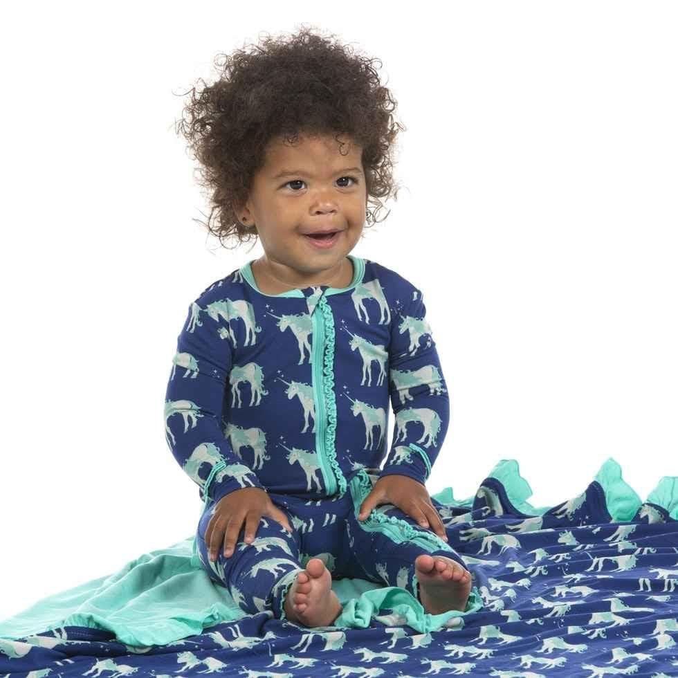 Print Bamboo Muffin Ruffle Coverall with Zipper - Flag Blue Unicorns - Image 2