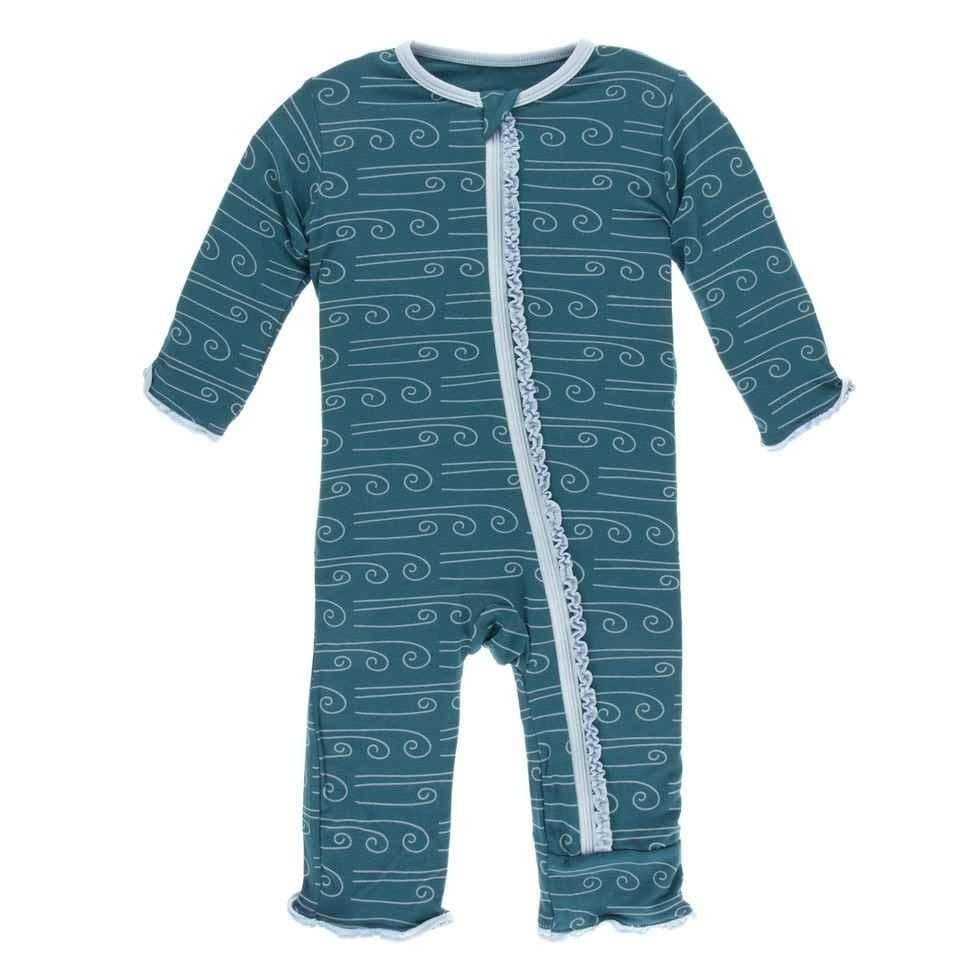 Print Bamboo Muffin Ruffle Coverall with Zipper - Heritage Blue Wind - Image 2
