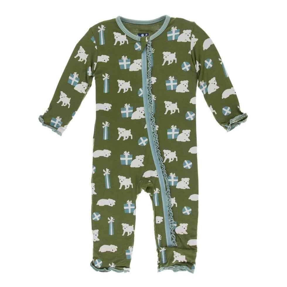 Print Bamboo Muffin Ruffle Coverall with Zipper - Moss Puppies and Presents
