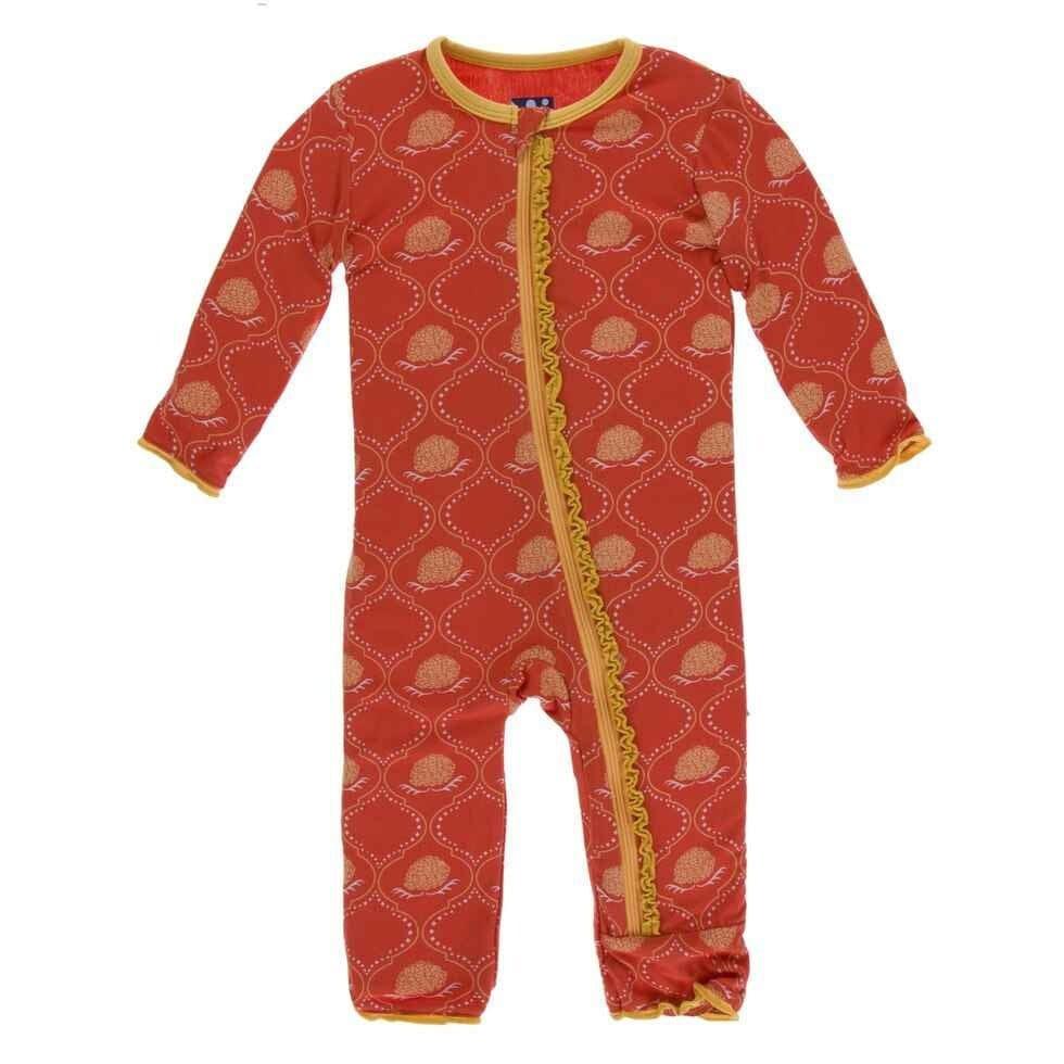 Print Bamboo Muffin Ruffle Coverall with Zipper - Poppy Marigold Lattice