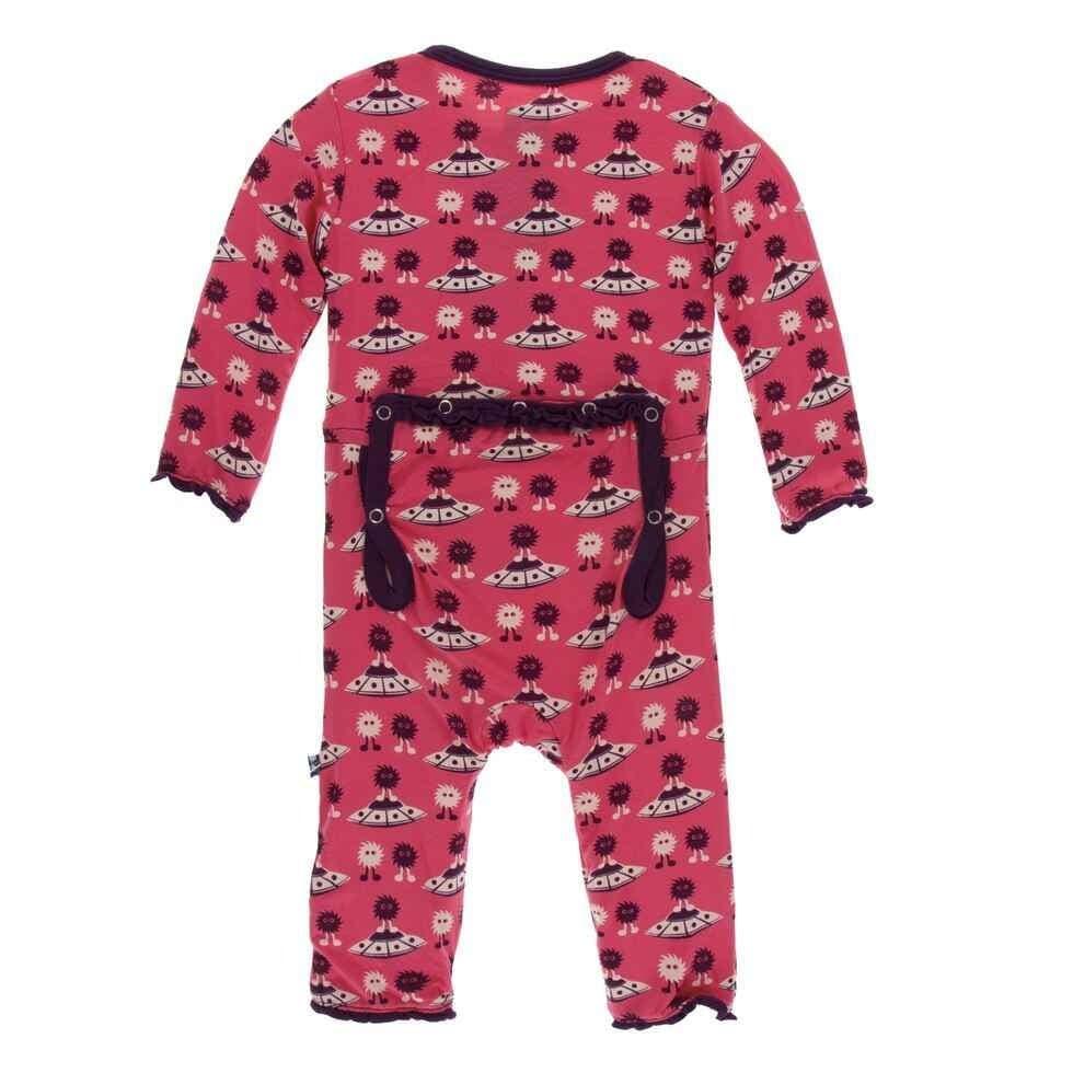 Print Bamboo Muffin Ruffle Coverall with Zipper - Red Ginger Aliens with Flying Saucers - Image 2