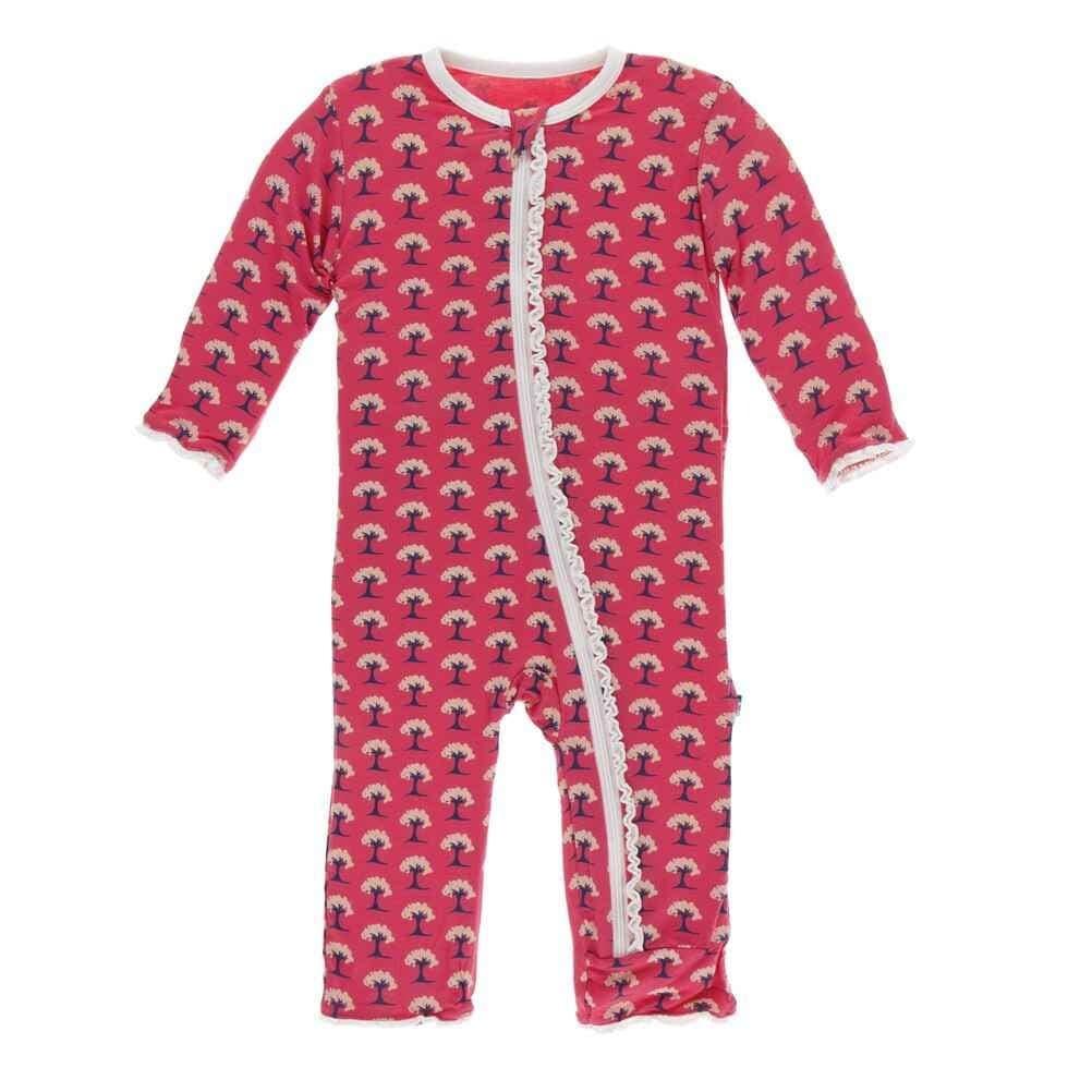 Print Bamboo Muffin Ruffle Coverall with Zipper - Red Ginger Mini Trees