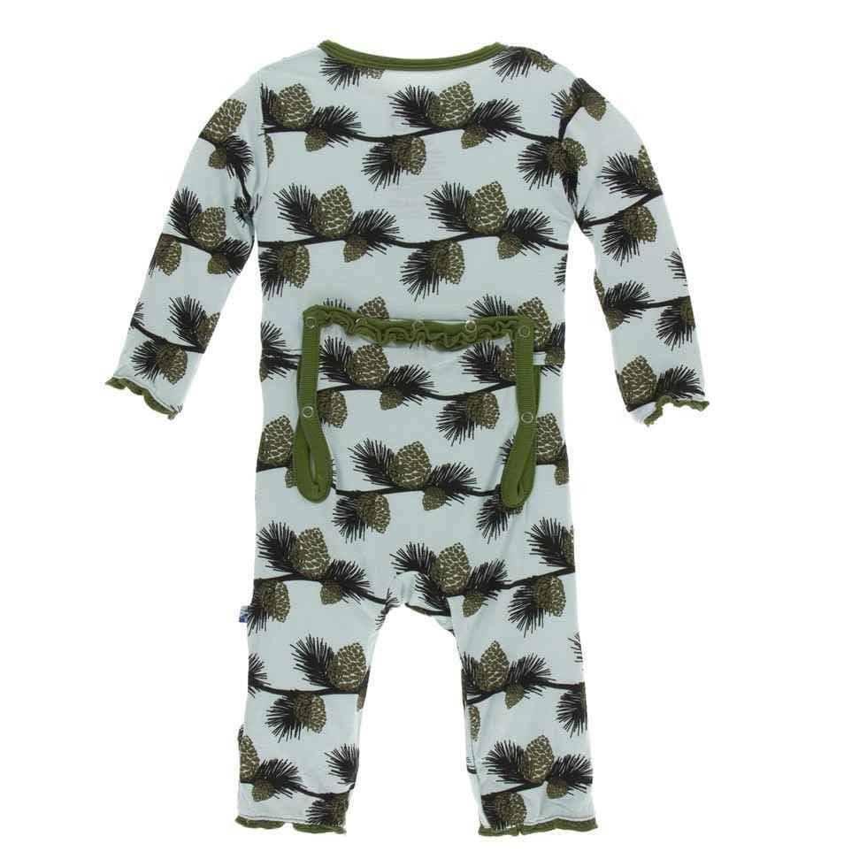 Print Bamboo Muffin Ruffle Coverall with Zipper - Spring Sky Pine Cones - Image 2