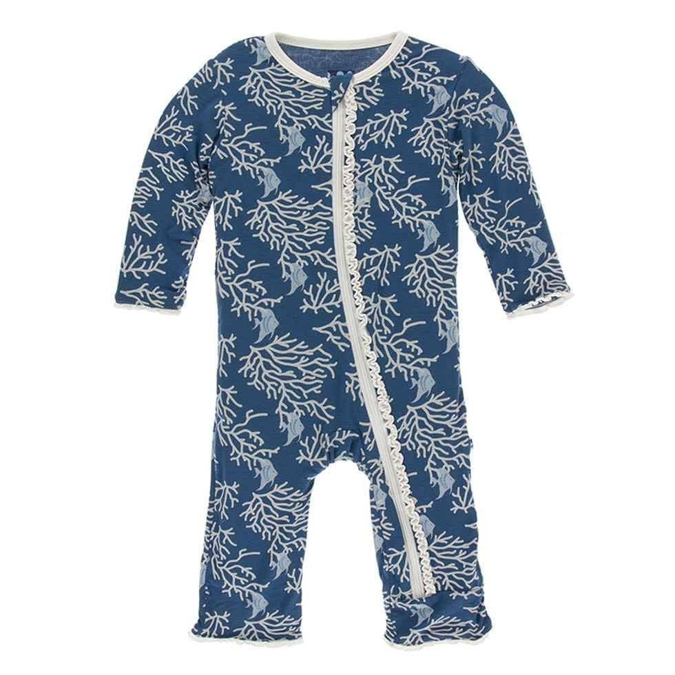 Print Bamboo Muffin Ruffle Coverall with Zipper - Twilight Coral Fans